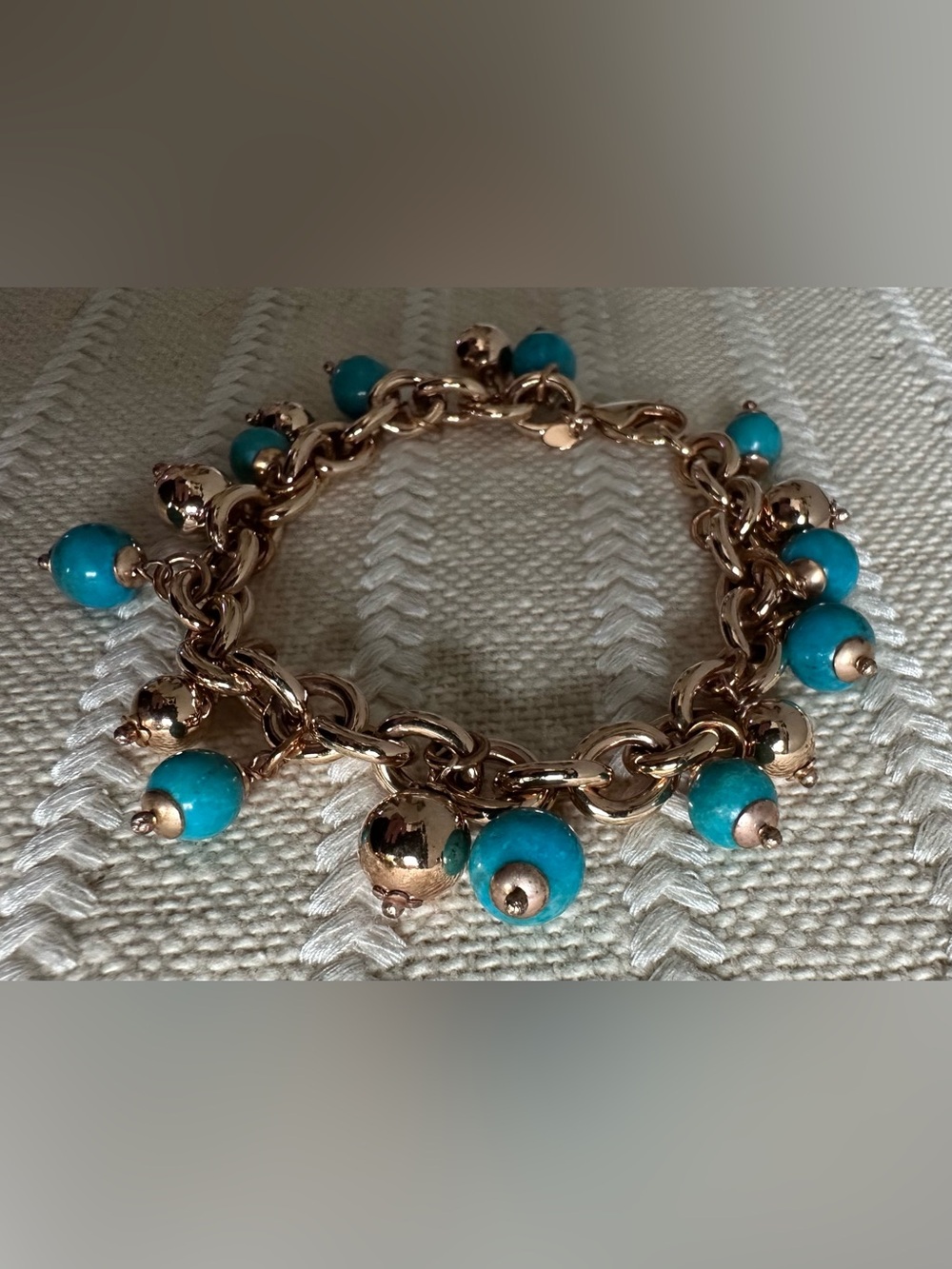 Milor Vintage Gold-Tone Charm Bracelet with Turquoise Beads Sz 7.5”-8.5”
